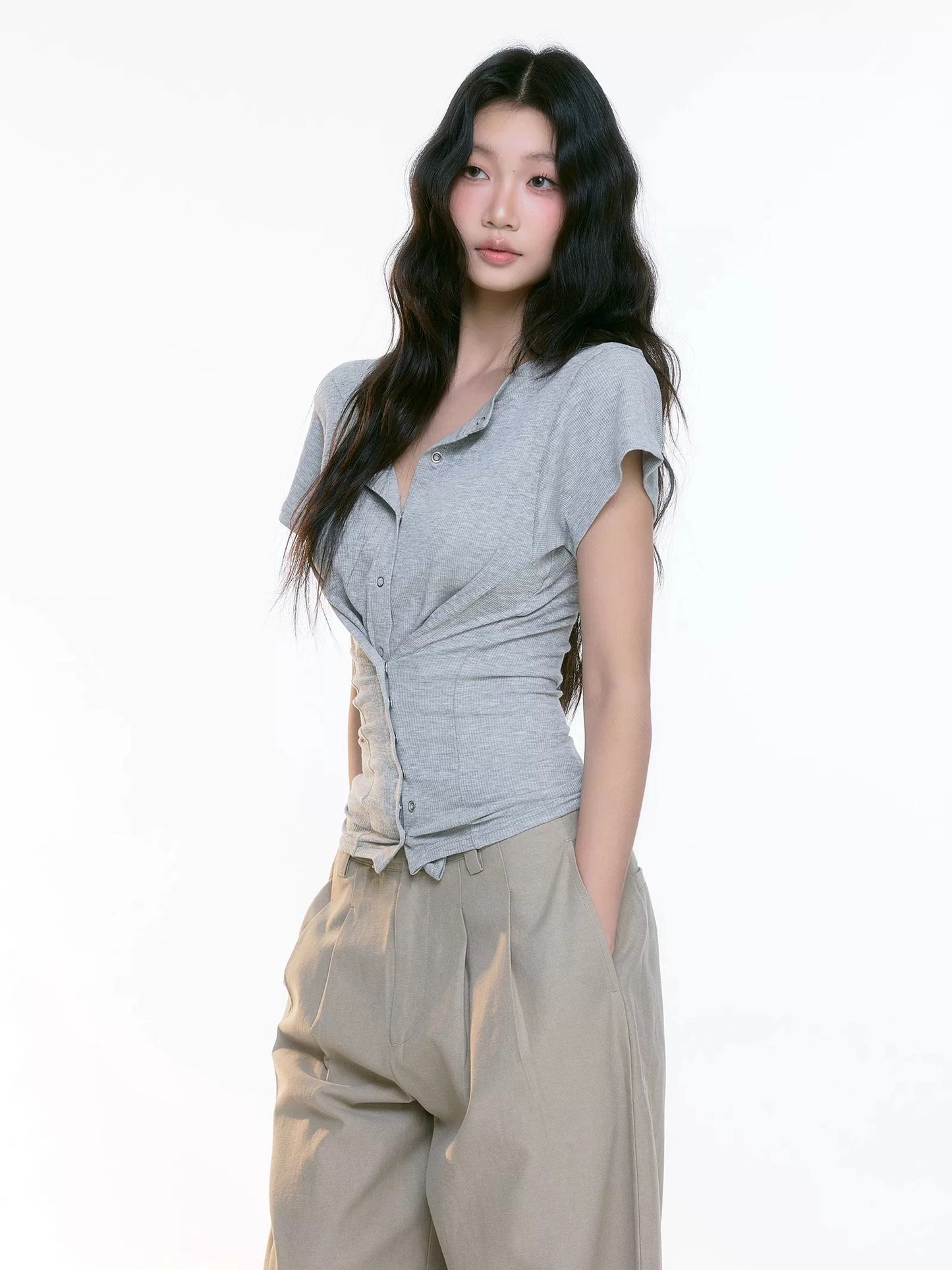 Grey Knit Cinched Polo Top