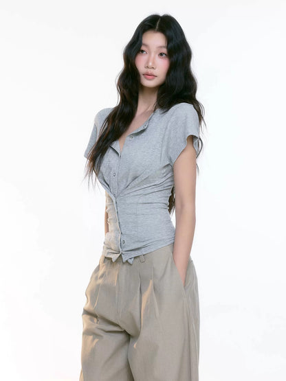 Grey Knit Cinched Polo Top