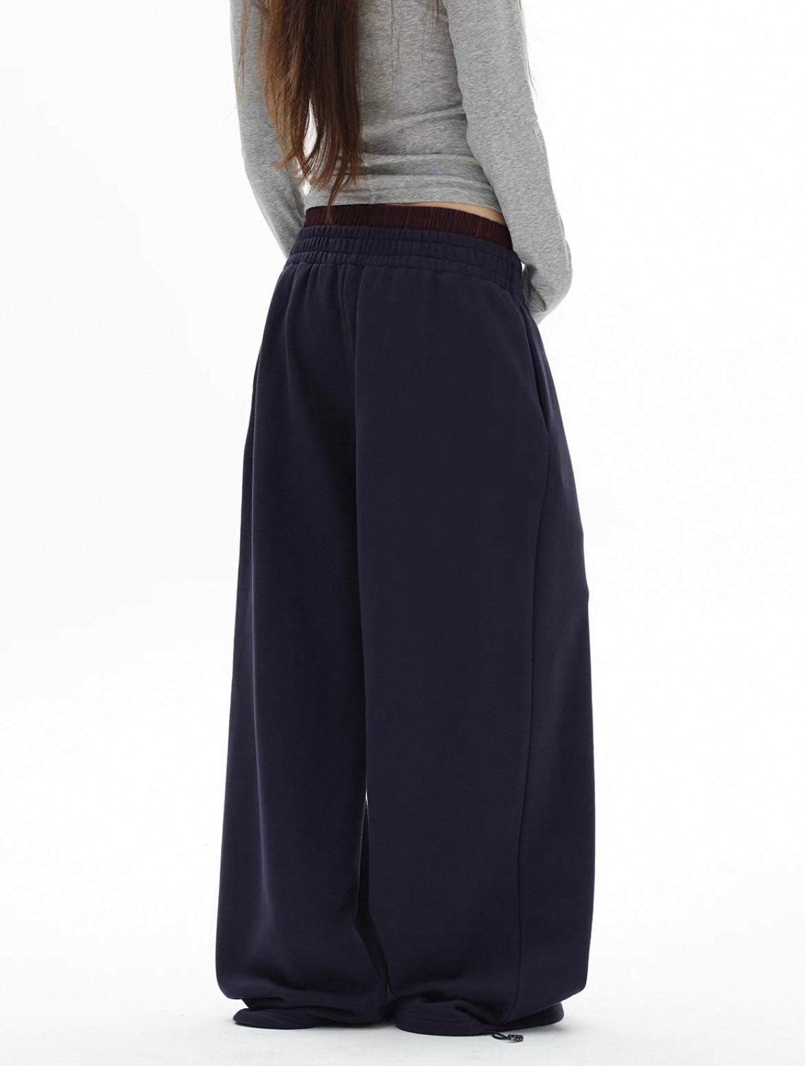 Navy Double Waistband Wide Leg Joggers with Graphic Detail