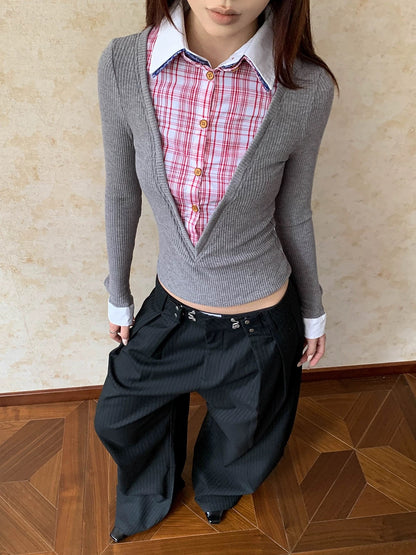 Layered Plaid Collar Knit Top