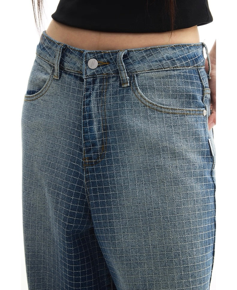 Checkered Washed Wide Leg Jeans