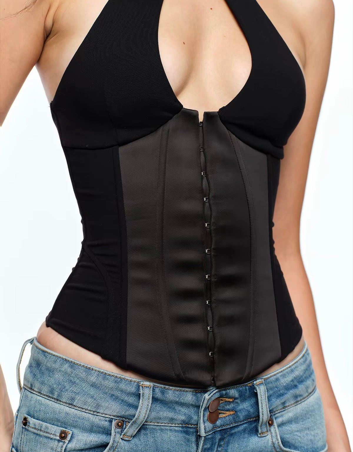 (Pre-Order) Bum Studio Black Halter Neck Keyhole Corset Top
