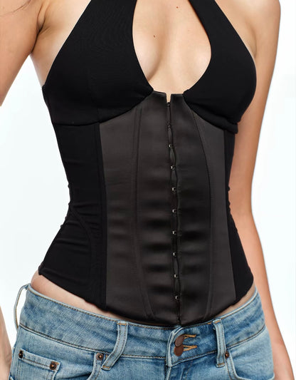 (Pre-Order) Bum Studio Black Halter Neck Keyhole Corset Top