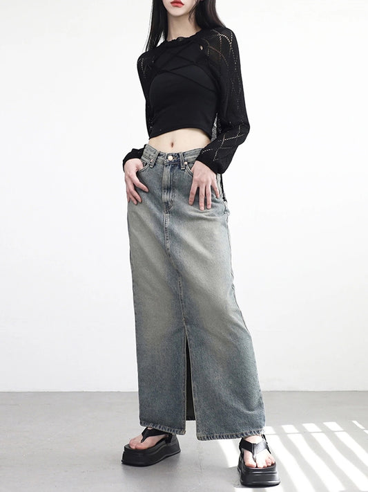 Vintage Front Split Denim Skirt