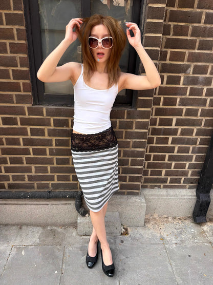 VACANCES Retro Striped Lace Midi Skirt