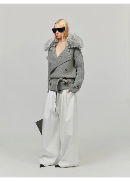 0122stepll Fur Collar Belted Ribbed Knit Wrap Cardigan