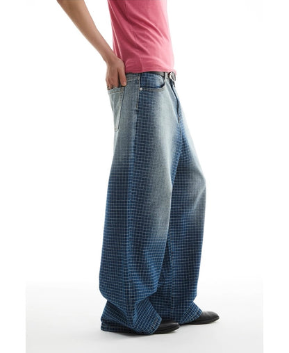 Checkered Washed Wide Leg Jeans