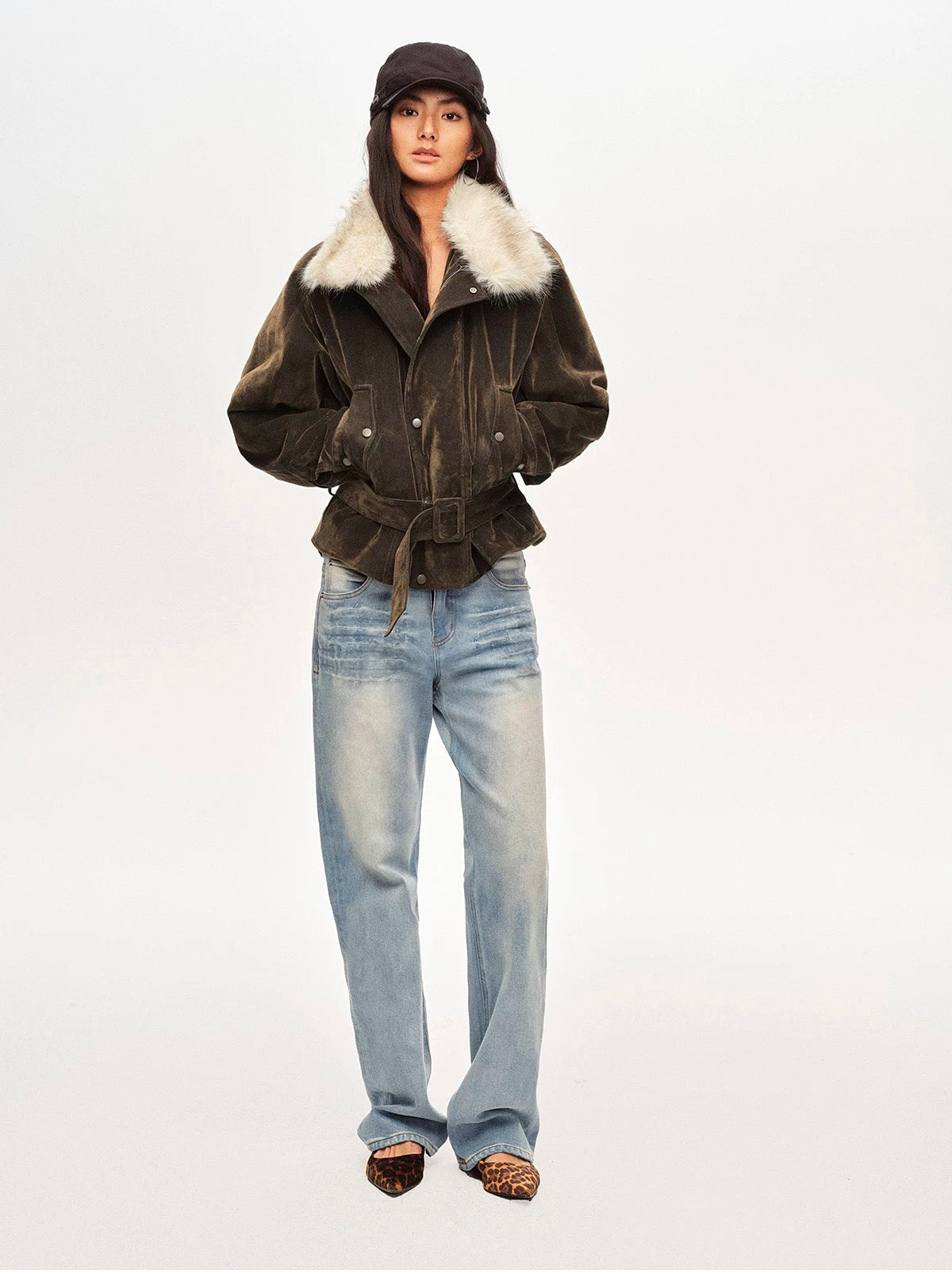 Right Above Flocked Denim Faux Mink Belted Jacket