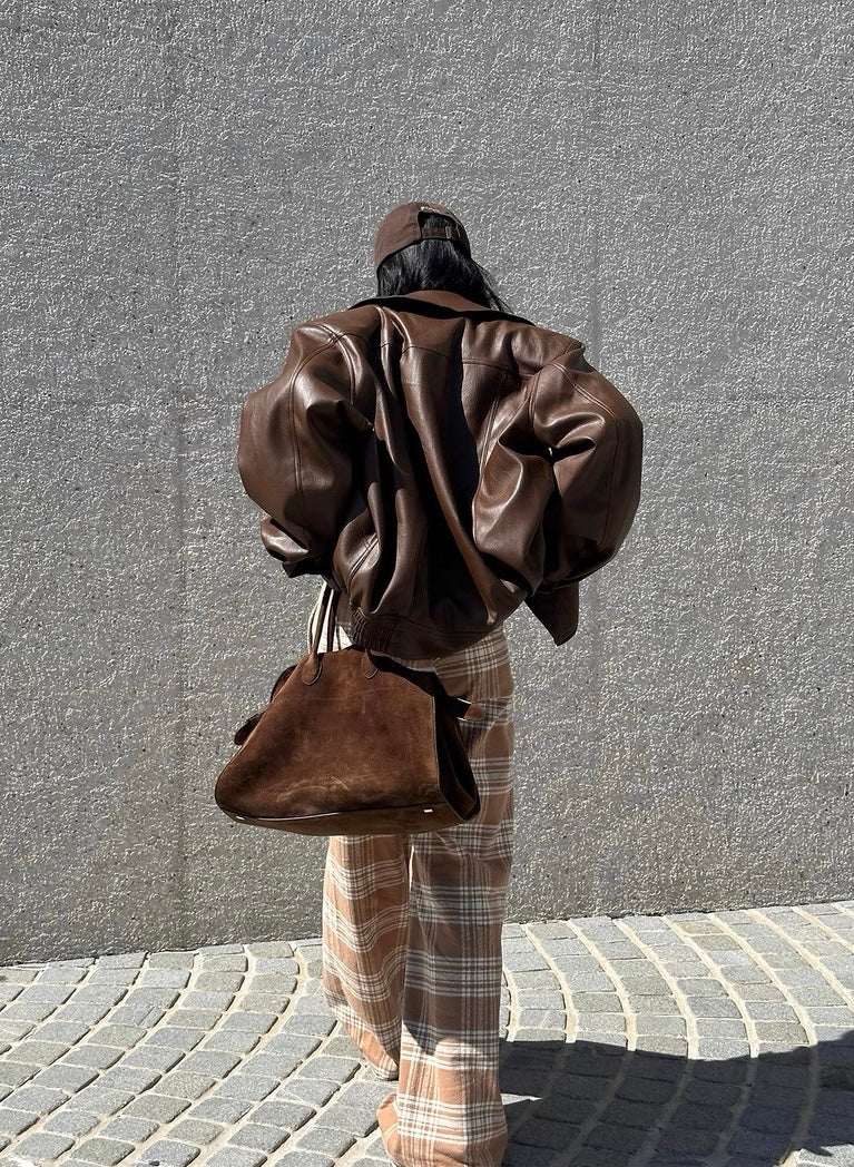Rovente Brown Faux Leather Jacket with Detachable Fur Collar