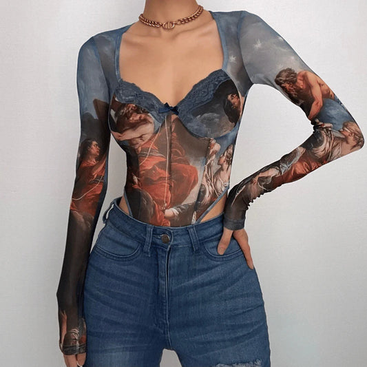 Renaissance Print Mesh Bodysuit