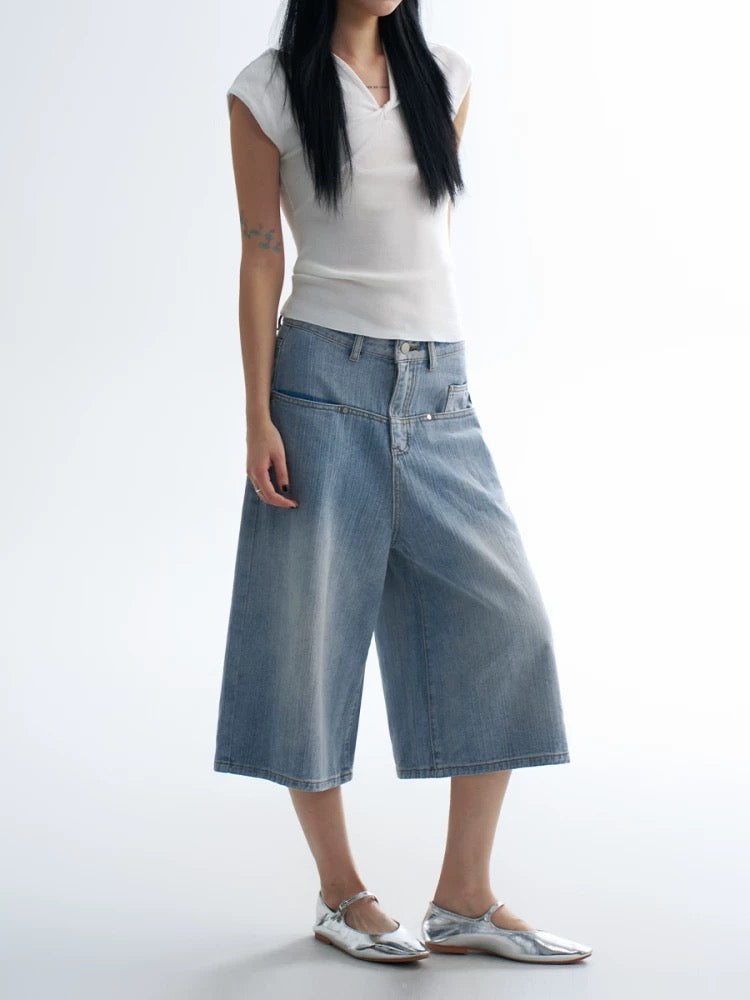 Light Blue Shorts with Straight Pocket Detail