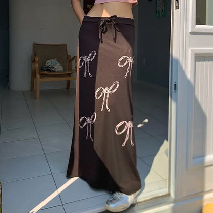 Low Rise Maxi Skirt With Bow Print