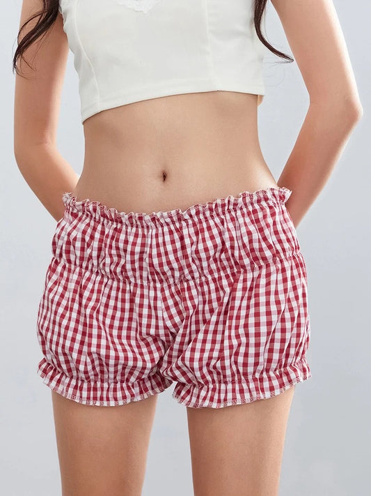 Low Rise Ruffle Plaid Shorts