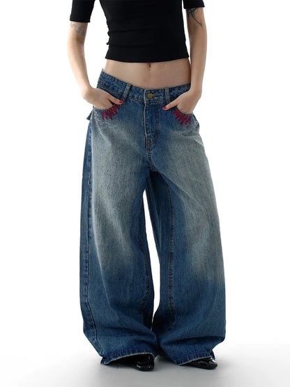 Dark Wash Embroidered Denim with Brass Rivets
