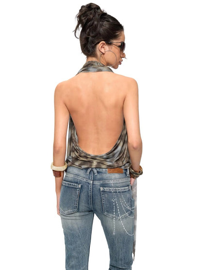 JYOSEI Leopard Print Flowy Backless Ring Detail Cowl Top