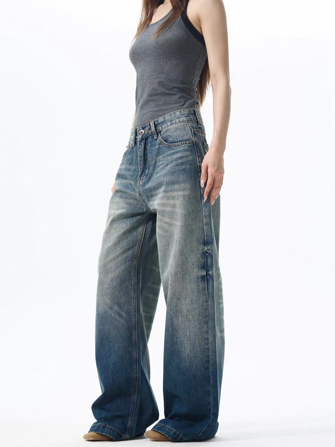 Dark Wash Wide Leg Mid Rise Denim Jeans