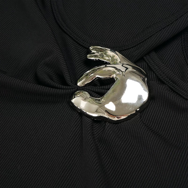 Black Ribbed Hand Detail Vest Top – Metal Pinch Design