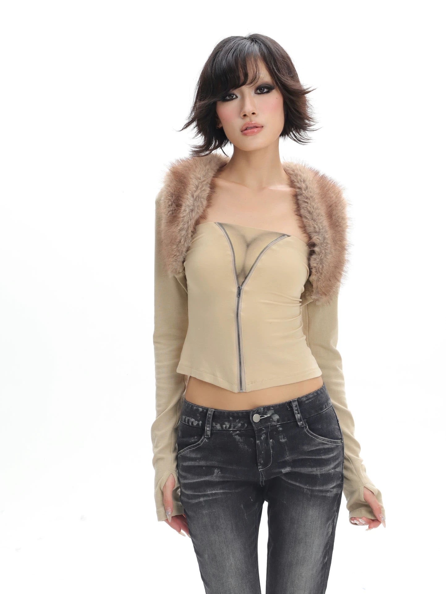 DOLOMEDES 3D Printed Nude Bandeau Vest Two-Piece Set