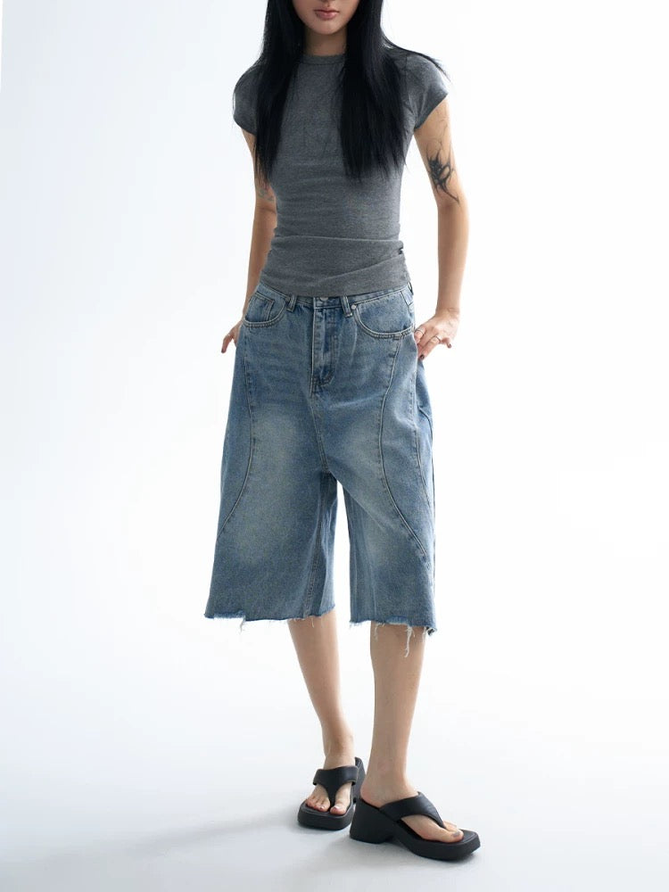 Raw Edge Panelled Denim Jorts