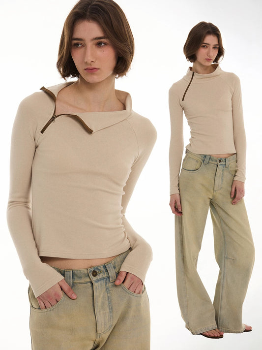 솔바이게 비대칭 래글런 지퍼 슬림핏 티셔츠