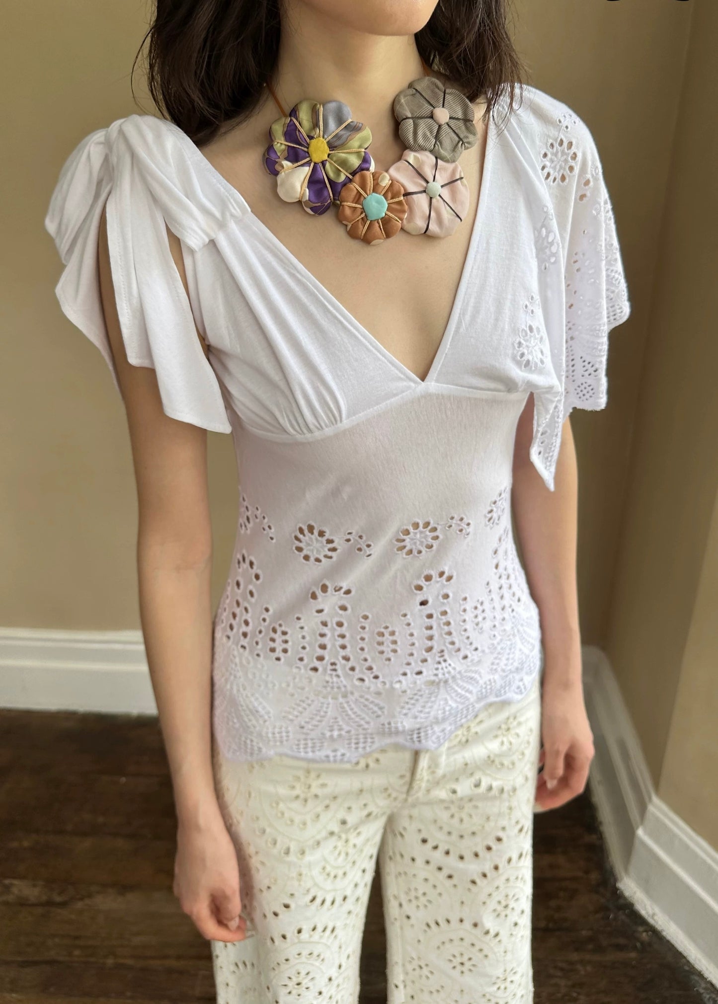 HOL!DAY Asymmetrical Lace Tie Shoulder Top