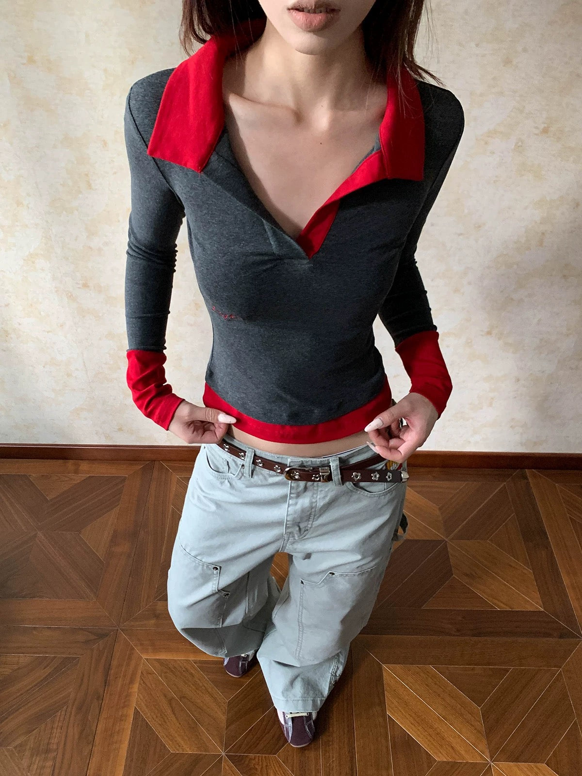 Long Sleeve Contrast Polo Top