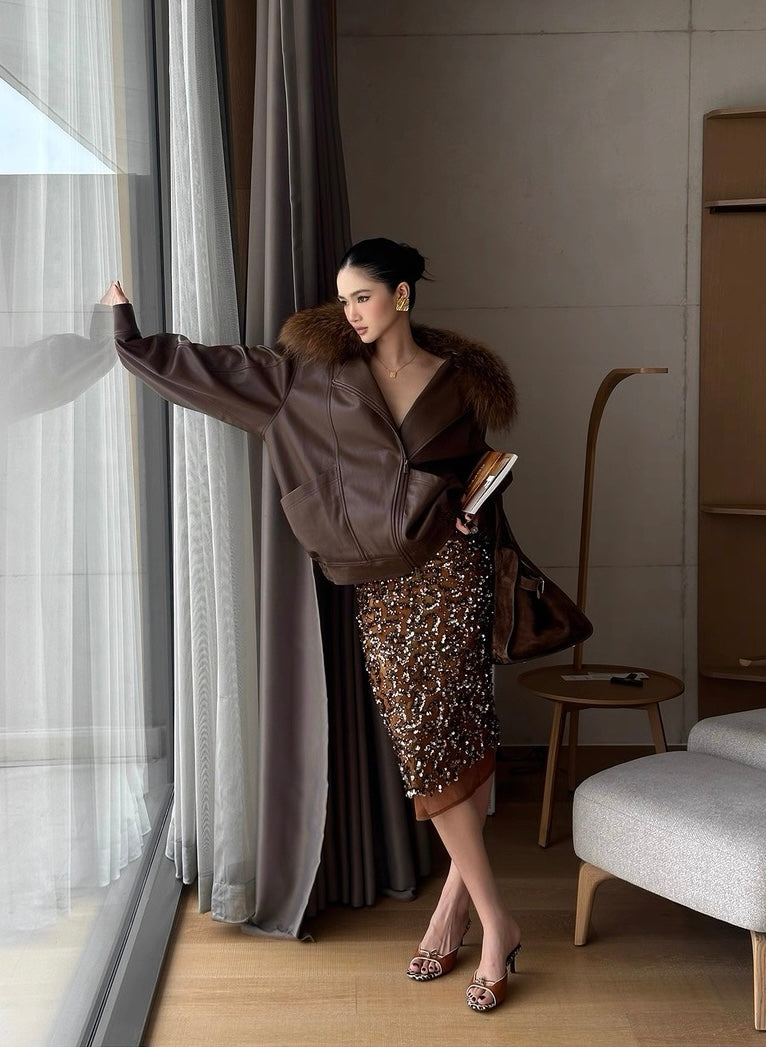 Rovente Brown Faux Leather Jacket with Detachable Fur Collar