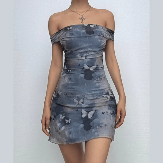 Off The Shoulder Butterfly Print Mini Dress