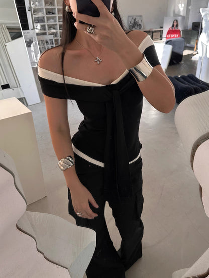 Contrast Off-Shoulder Tie Top