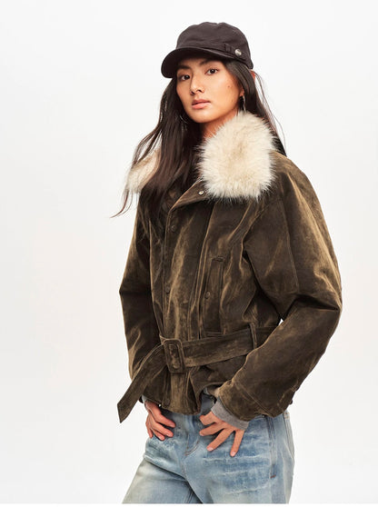 Right Above Flocked Denim Faux Mink Belted Jacket