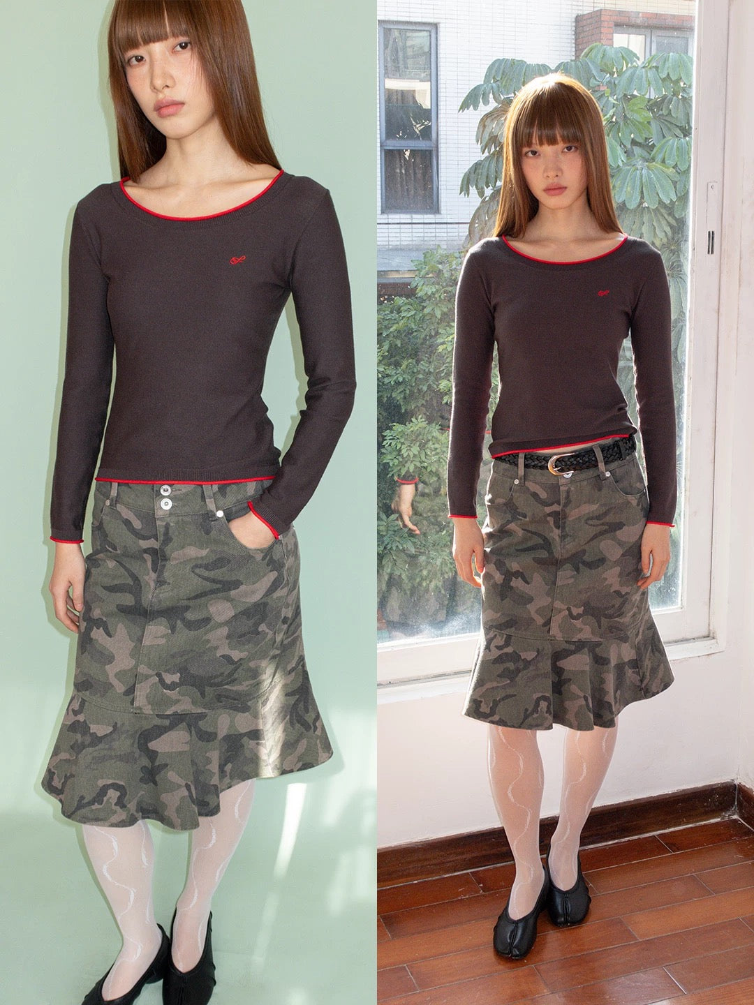 FunkyFun 카모 피쉬테일 미디 스커트