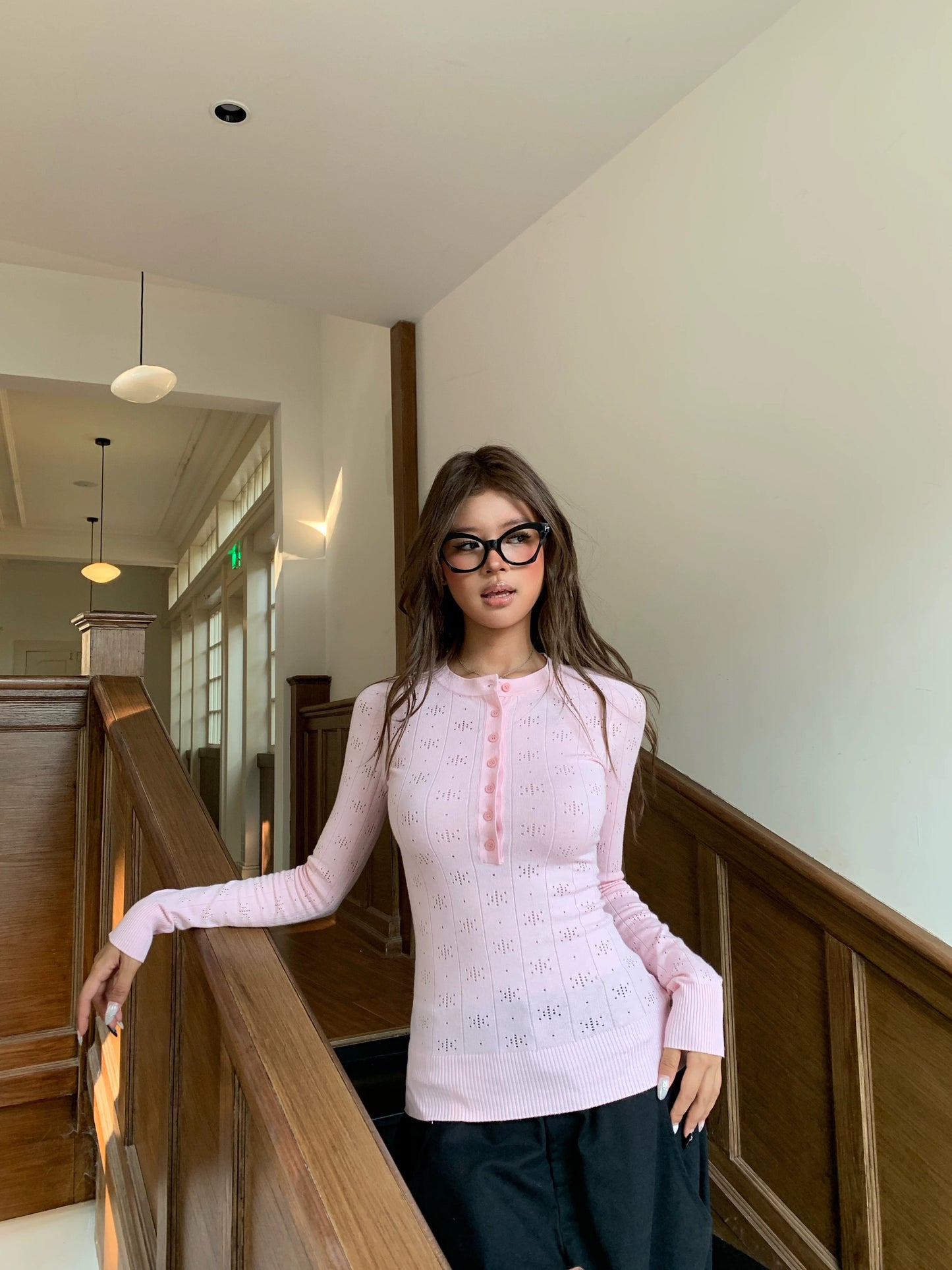 Baby Pink Henley Eyelet Top