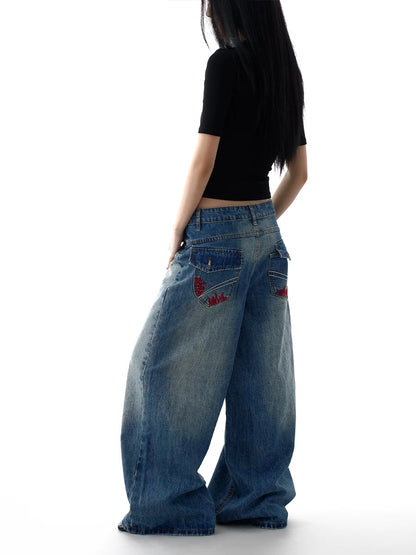 Dark Wash Embroidered Denim with Brass Rivets