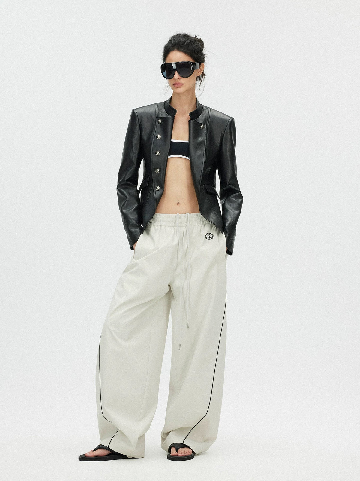 SAUMPLE STUDYSYMP Double-Breasted Military Leather Jacket