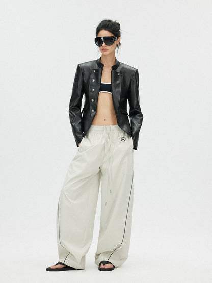 SAUMPLE STUDYSYMP Double-Breasted Military Leather Jacket