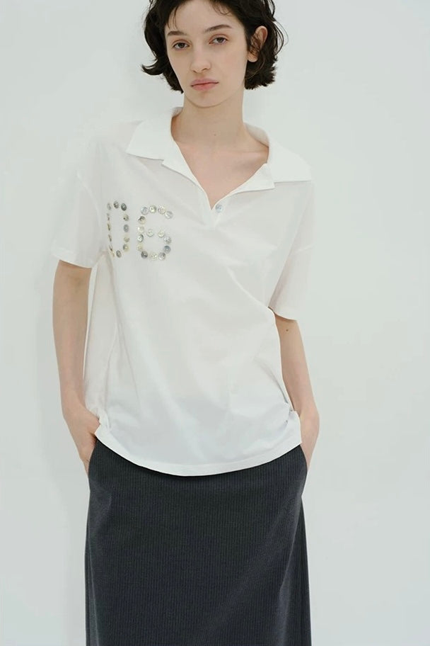 Solveig Shell Button Decorated Polo Short-Sleeved T-shirt