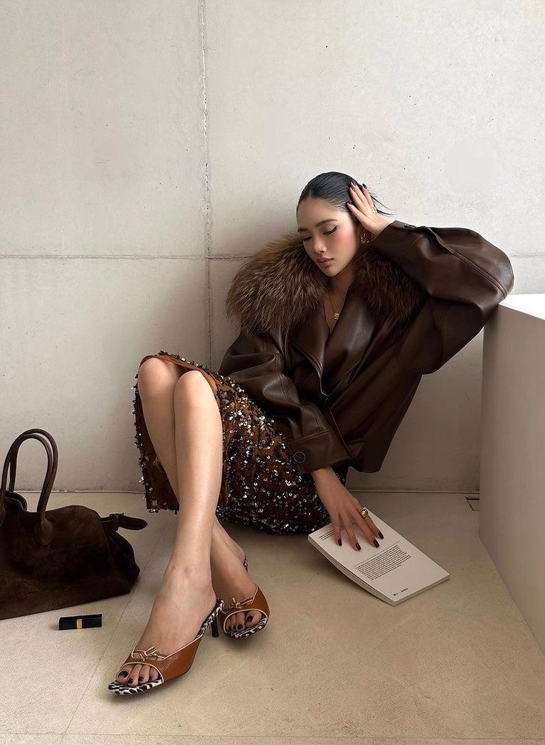 Rovente Brown Faux Leather Jacket with Detachable Fur Collar