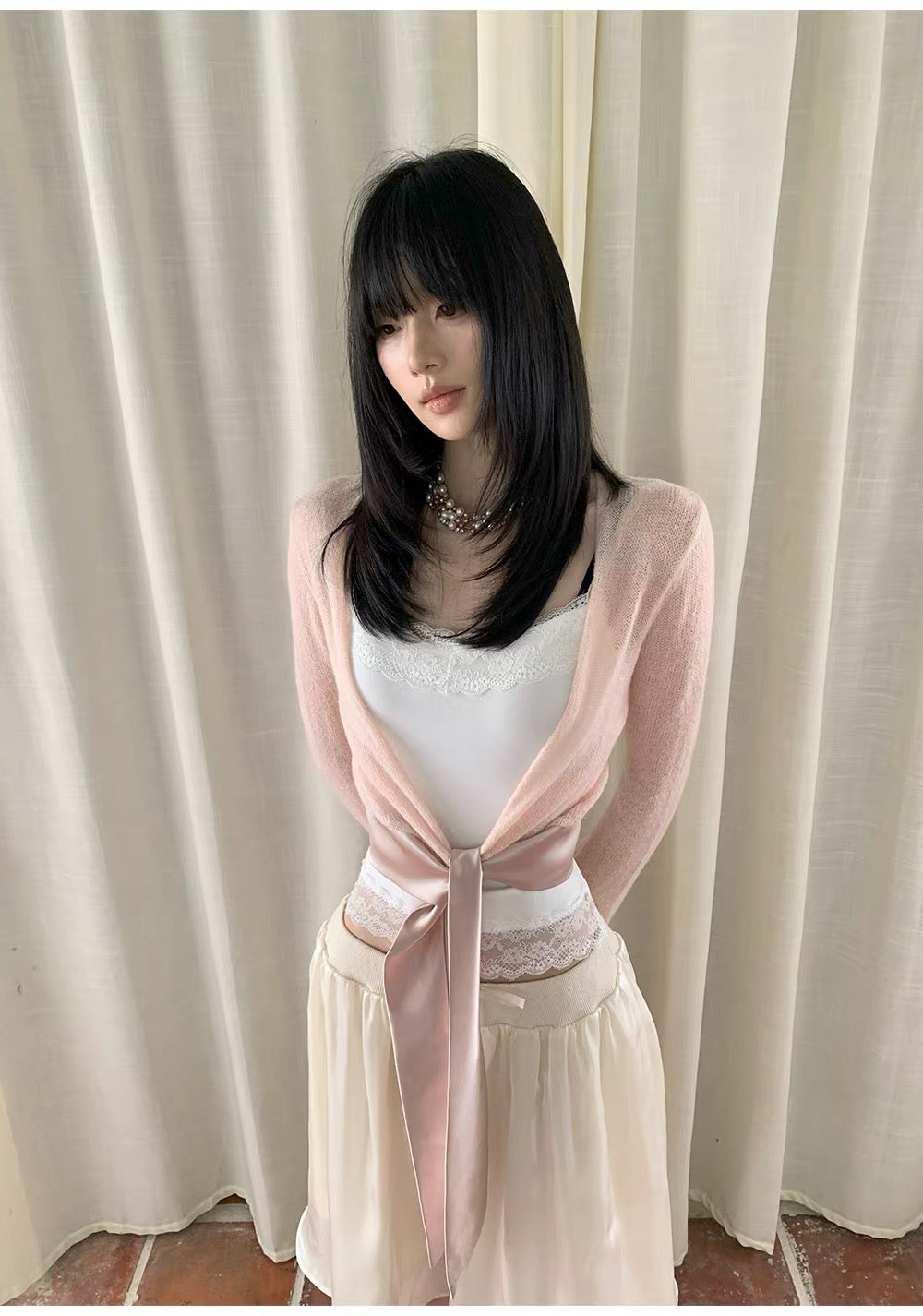 AURO MORE Satin Tie-Front Semi-Sheer Knit Cardigan