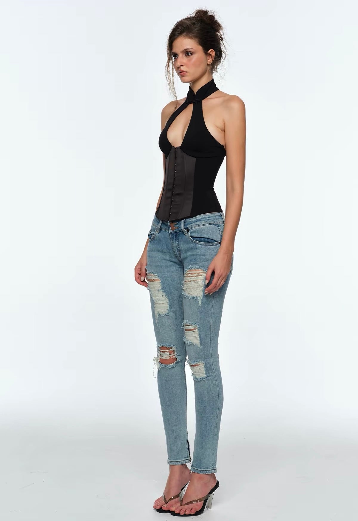 (Pre-Order) Bum Studio Black Halter Neck Keyhole Corset Top