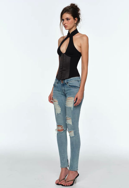 (Pre-Order) Bum Studio Black Halter Neck Keyhole Corset Top