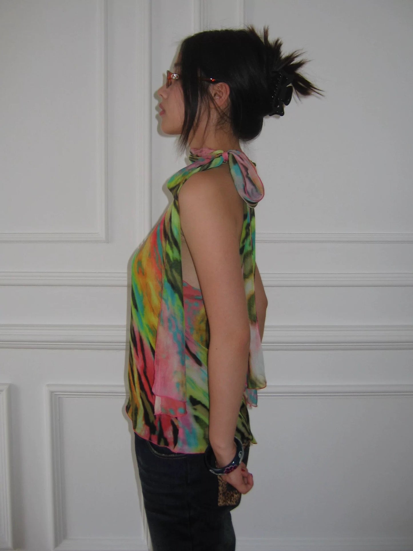 WildFLO Silk Neon Leopard Print Halter Neck Blouse