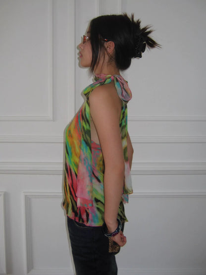 WildFLO Silk Neon Leopard Print Halter Neck Blouse