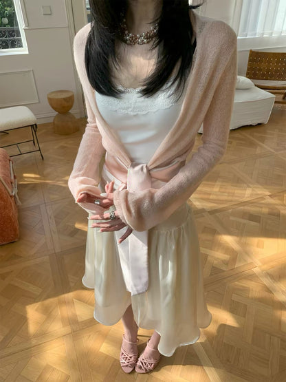 AURO MORE Satin Tie-Front Semi-Sheer Knit Cardigan