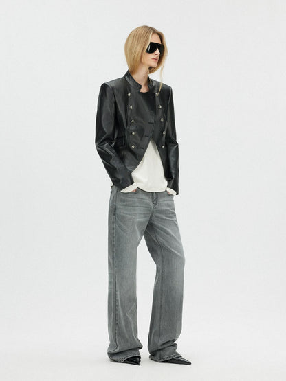 SAUMPLE STUDYSYMP Double-Breasted Military Leather Jacket
