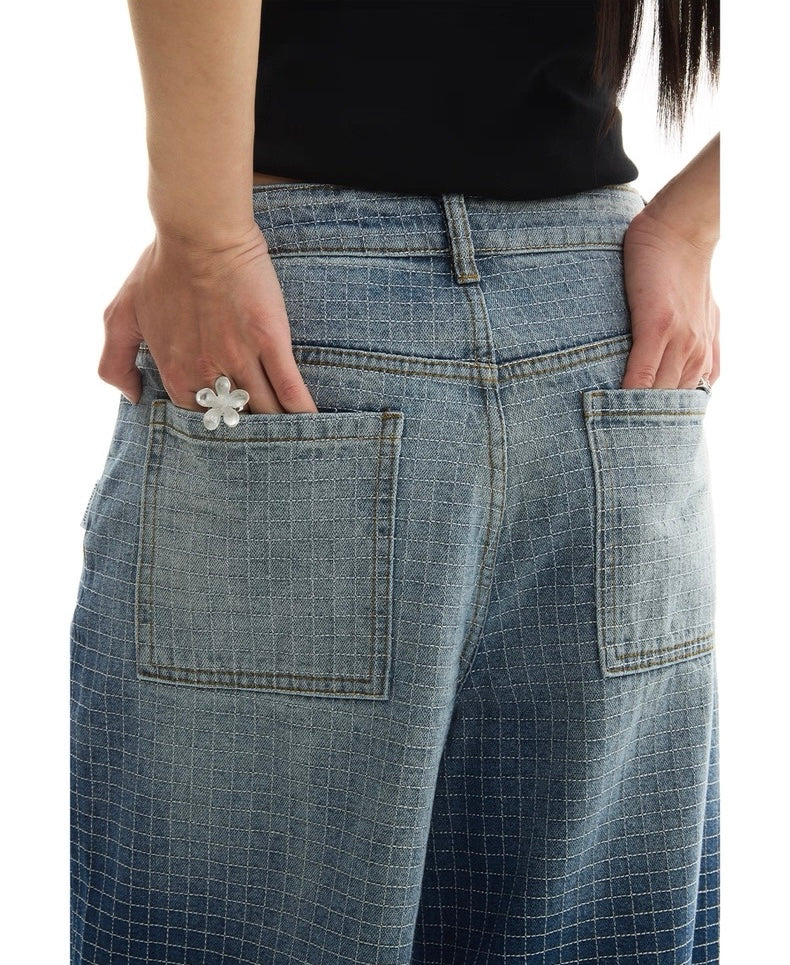 Checkered Washed Wide Leg Jeans