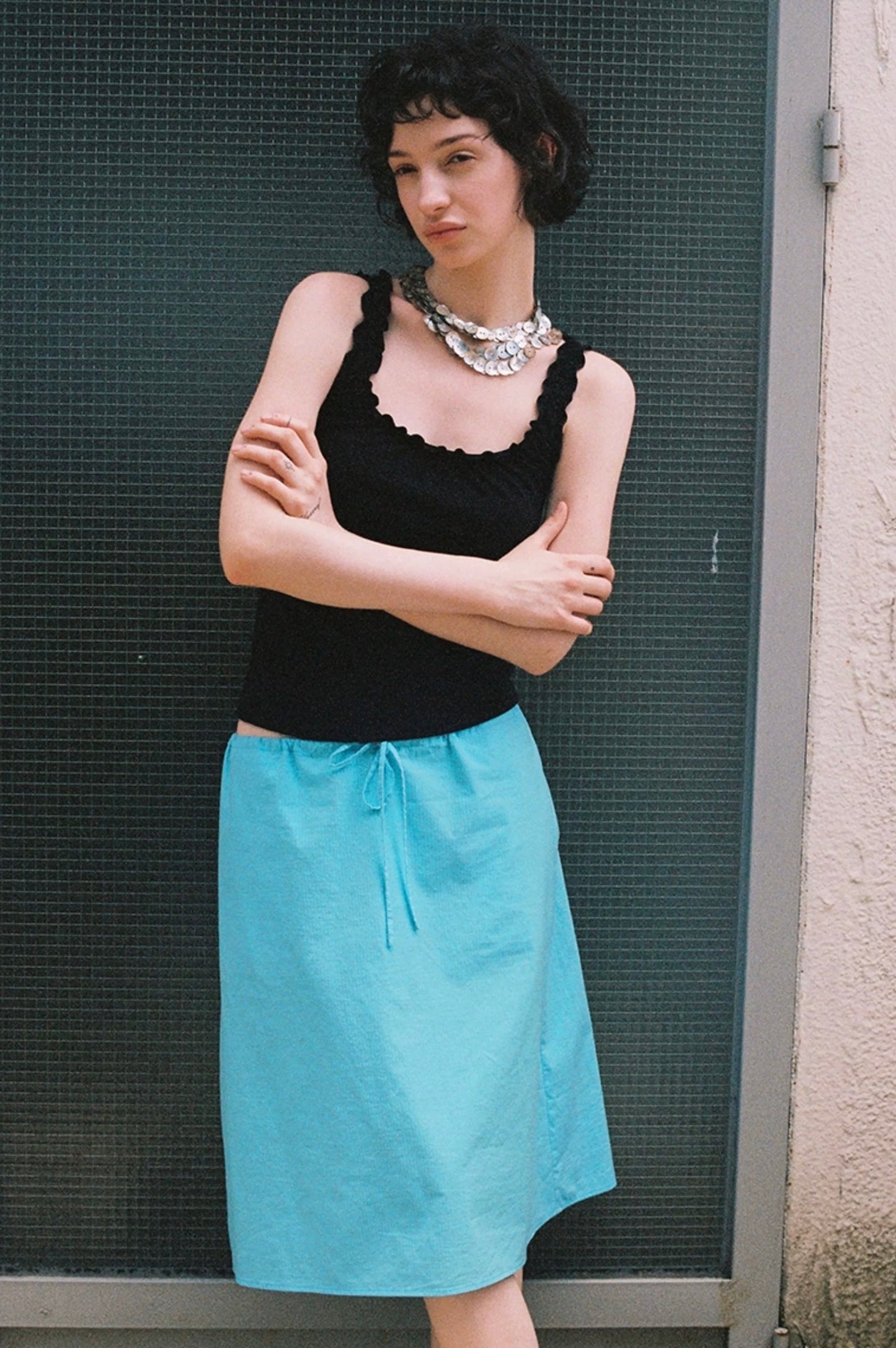SOLWEIGE Turquoise Cotton Drawstring Midi Skirt