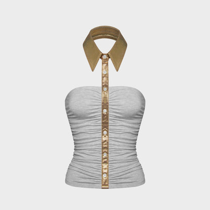 (Pre-Order) WildFLO Color-Block Faux Neckline Halter Neck Top