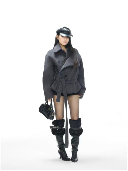 Belted Double Breasted Wool Blend Short Coat