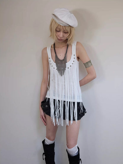 SOURSWING Metal Rivet Fringe Vest Top