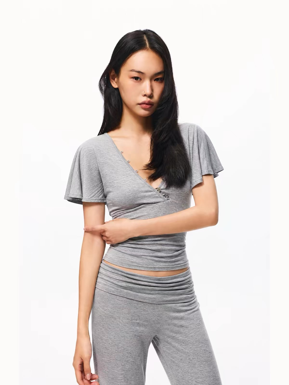 Open-Back Ruffle Cape Sleeve Top